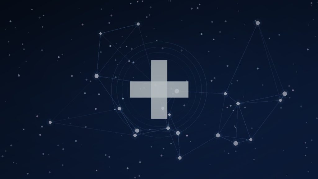 Cruz médica abstrata com brilho azul sobre fundo escuro — benchmark ClinHallu