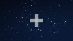 Cruz médica abstrata com brilho azul sobre fundo escuro — benchmark ClinHallu
