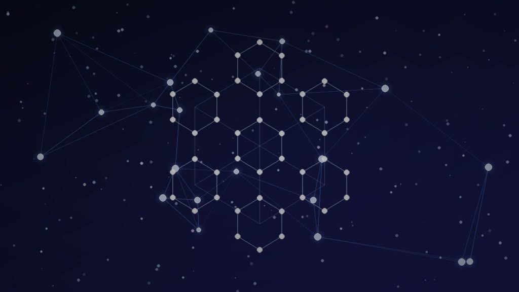 Estrutura molecular hexagonal estilizada sobre fundo azul-índigo — ML em descoberta de fármacos