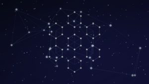Estrutura molecular hexagonal estilizada sobre fundo azul-índigo — ML em descoberta de fármacos